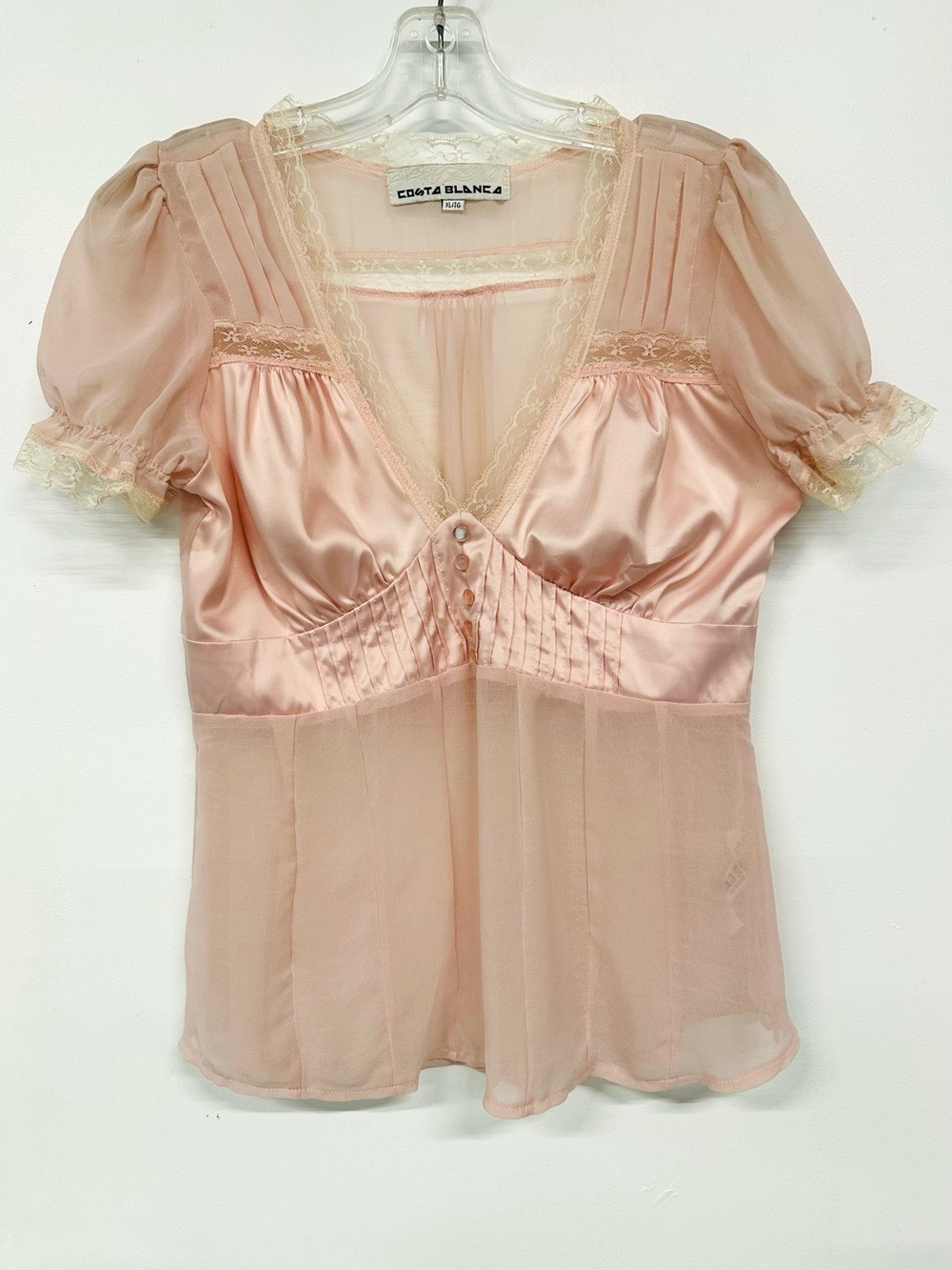 Costa Blanca Y2K Blush Pink Satin Lace Puff Sleeve Corset Top XL Coquette Sheer